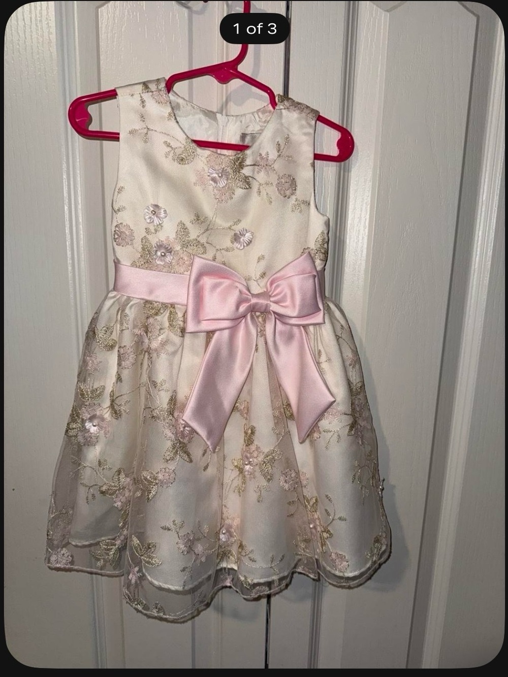 Girls Cream Floral Organza Dress with Pink Bow Accent